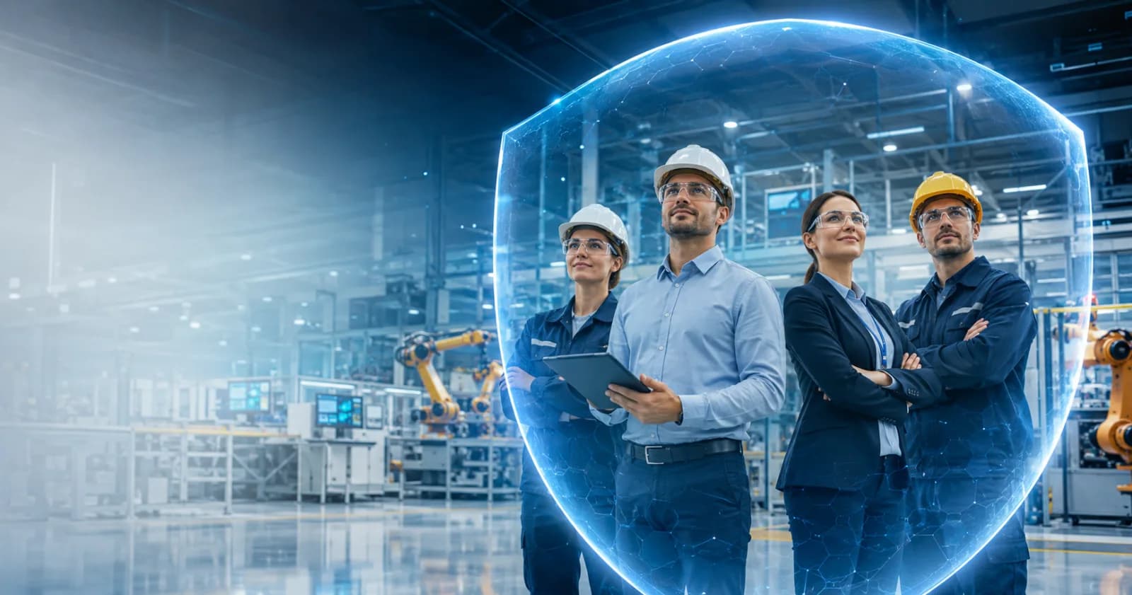 Équipe d’atelier industriel protégée par le bouclier de sa prévoyance conventionnelle