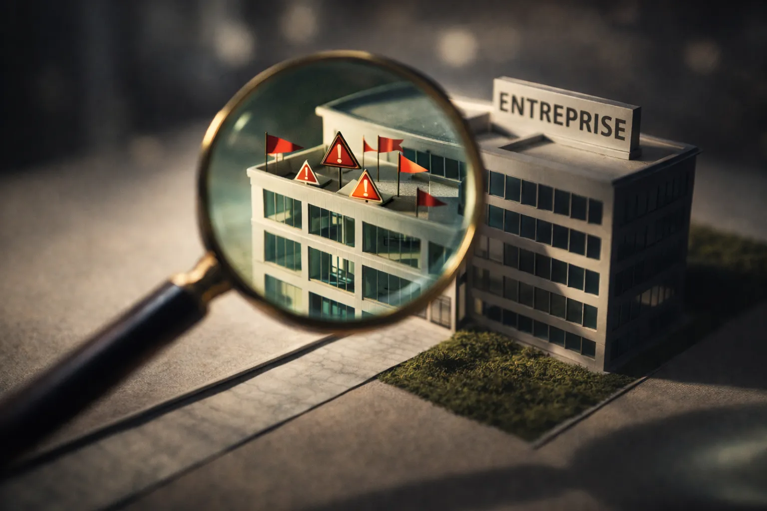 Loupe révélant des drapeaux rouges et alertes cachées dans un bâtiment d'entreprise miniature — pièges mutuelle entreprise à éviter