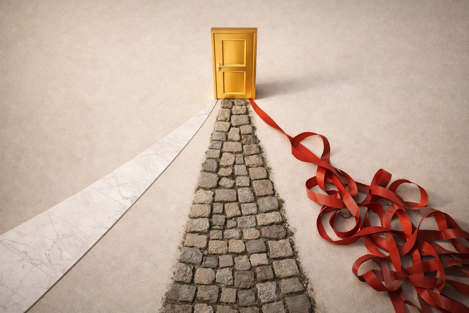 Trois chemins menant à une porte dorée — métaphore des trois options pour choisir sa mutuelle entreprise : courtier, plateforme ou assureur