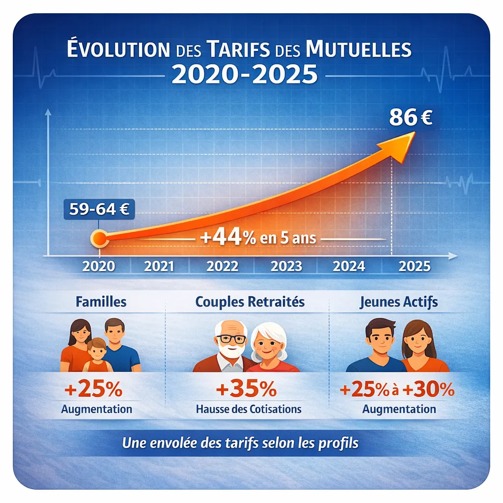 Graphique évolution des cotisations mutuelle entreprise 2020-2025 — hausse de 44% des tarifs santé collective