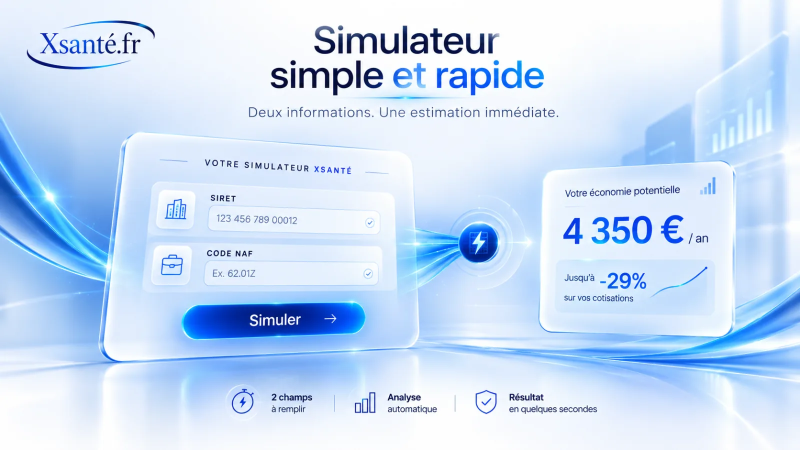 Simulateur mutuelle entreprise XSanté simple et rapide : deux champs SIRET et code NAF, estimation immédiate des garanties